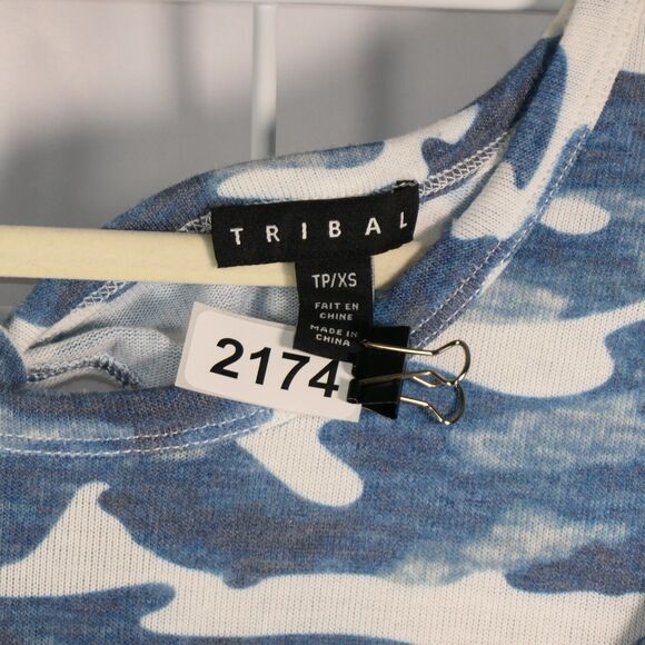 Tribal Blue Camo T Shirt Tee Top Womens XS Soft Tie Back Lightweight Long Sleeve - Picture 4 of 6